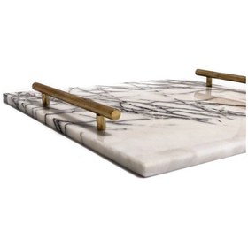 Resim Lux & Marble Storm, Damarlı Beyaz Mermer Pirinç Kulplu Kare Tepsi 