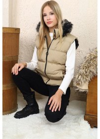 Resim Kız Çocuk Spor Model Kürk Kapüşonlu Bej Yelek Bej 
