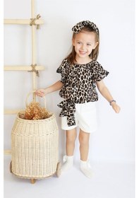 Resim Kız Bebek Viskon Leopar Madonna Yaka Şortlu Bandana Alt Üst Takım Leopar 