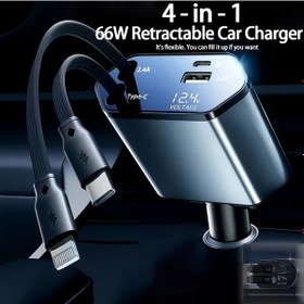 Resim Wangxi Çift Portlu Çift Tel Metalik Gümüş Gri 4ü 1 Arada Geri Çekilebilir Araba Şarj Cihazı 66w Hızlı Şarj Usb A Ve C Evrensel 