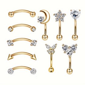 Resim SENLANSP 10 Parça Paslanmaz Çelik Kaş Halkası Seti, 18K Altın Kaplama Zirkonya İnci, Sevimli Stil Barbell Vücut Piercing Takıları Kadınlar İçin, Günlük Kullanım ve Tüm Mevsimler İçin Uygun 