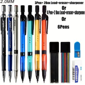 Resim 2B Siyah/Renkli Kurşun Dolumlu 2.0mm Mekanik Kalem Seti Yazı, Eskiz, Sanat, Çizim, Boyama Otomatik Kalemler (4 kalem veya 6 kalem) (3 kalem+2 kutu kurşun+Kalemtraş+Silgi), LCOMMO 