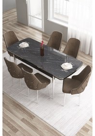Resim Canisa Tia Serisi, Siyah Mermer Desen 80x132 Açılabilir Mdf Mutfak Masa Takımı 6 Kahve Sandalye Gümüş Detay Masa Siyah Mermer Sandalye Cappucino 