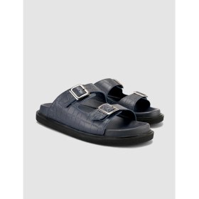 Resim Cabani %100 Hakiki Deri Croco Desen Lacivert Erkek Terlik 