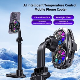 Resim RGB ışık efektleriyle AI akıllı sıcaklık kontrolü çift çekirdekli cep telefonu soğutucu, 4 seviyeli soğutma ayarı, 1/4 somun arayüzü, uzatılabilir kol klipsi tasarımı, güvenli işleme için silikon ped, soğuk fan soğutması için çift fan, oyun ve e-spor tutkunları için temel 