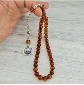 Resim Gümüş Püsküllü Hilal Kurt Model Damla Kehribar Tesbih 