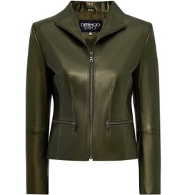 Resim Amy Women's Green Lapel Leather Jacket 