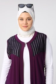 Resim Kadin Buyuk Beden Transparan Taşlı Uzun Yelek - Mor / XL 