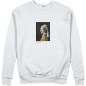 Resim İnci Küpeli Kız Sweatshirt - Beyaz / L 