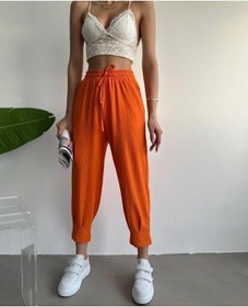 Resim Turuncu Bel Büzgülü Bürümcük Kumaş Kadın Eşofman Alt Turuncu 