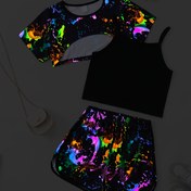 Resim Kızlar İçin Moda Havalı Floresan Kısa Yuvarlak Yaka Tişört + Düz Renkli Atlet Üst + Günlük Şort Üç Parça Takım, Dış Mekanlar İçin Mükemmel 