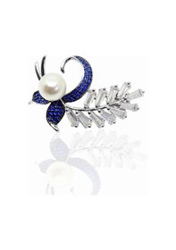 Resim Oya Silver Safir Bezeli Baget Taşlı Yaprak İnci Gümüş Broş 3.5x2.3cm 61112607 
