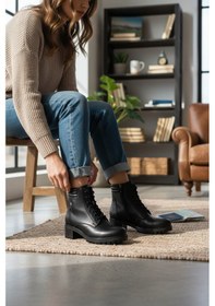 Resim Modesa Hakiki Deri Siyah Yıldızlı Fermuarlı & Bağcıklı Kadın Bot Vk 0003 Siyah 