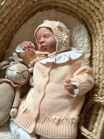 Resim Vintage Flower El Örgüsü Bebek Hırka Şapka Seti - 3-6 ay / Beyaz 