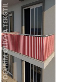 Resim Devrim Olivya Tekstil Kırmızı - Beyaz Dört Tarafı Bağcıklı Balkon Demiri Perdesi - Her Ölçüde En X Boy Seçenekli Kırmızı - Beyaz 