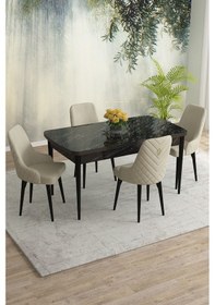 Resim Meri Serisi 80x132 Açılabilir Mdf Siyah Mermer Desen Masa Takımı 4 Lacivert Sandalye Krem 
