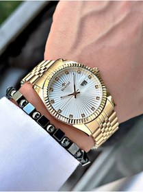 Resim Bentini Takvimli Taşlı Erkek Kol Saati – Çelik Kordon, Su Geçirmez, 2 Yıl Garantili, Hediye Bileklik 