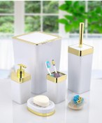 Resim Akrilik Gold Çizgi Banyo Takımı 5'Li Kare Banyo Seti Beyaz 