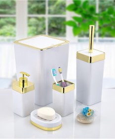 Resim Akrilik Gold Çizgi Banyo Takımı 5'Li Kare Banyo Seti Beyaz 