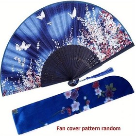 Resim Oldfriend Japon Tarzı 27" Vintage Kadın El Yapımı Katlanır Mavi Erik Desenli Kelebek Yelpaze 