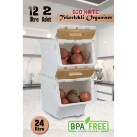 Resim Feyza Design Iki Parçalı Tekerlekli Sebze ve Patateslik Seti, Gold-Beyaz Renk 