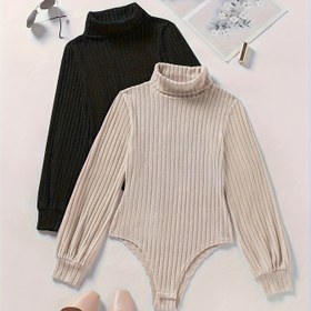 Resim 2 adet Kadın Yüksek Yaka Rib Bodysuit Seti - Rahat Uzun Kollu, Düz Renk, Esnek ve Rahat, Sonbahar/Kış için Mükemmel, Casual Stil, Tüm Mevsim Giyim, Casual Giyim Bodysuit|Minimalist Stil|Esnek Kumaş, Kadın Bodysuit, Uzun Kollu Bodysuit Kadınlar için, Kadınlar için Zarif Bodysuit 