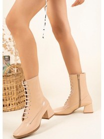 Resim Rugan Bağcık Detaylı Alçak Topuklu Bot Ten-4360 Ten 