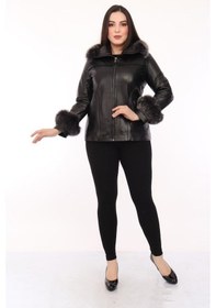 Resim Hakiki Kuzu Derisi Fermuarlı Kol Omuz Kürklü Kadın Ceket Siyah Siyah 
