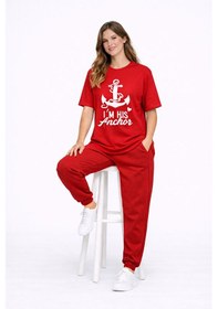 Resim Sevgili Kombini Oversize Çift Tişört Unisex Captain Anchor Baskıl Kırmızı 