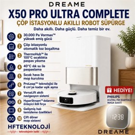 Resim Dreame 30.000 Pa Emiş Gücü ile Zahmetsiz Akıllı Üstün Temizlik, X50 Pro Ultra Complete Robot Süpürge,+ Dijital Radyolu Masasaati Hediye 