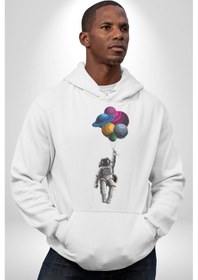 Resim Gezegenler Balon Astronot Yükselişi Kadın Erkek Beyaz Kapüşonlu Sweatshirt Hoodie Beyaz 