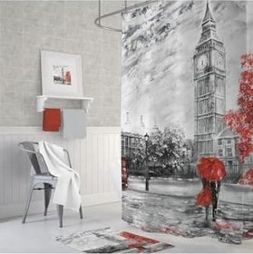 Resim Tropik Home Banyo Perdesi Bigben Londra Desenli Baskılı Solmaz Su Geçirmez Duş Perdesi 12 C Halka Hediye 180x200 