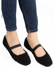 Resim Siyah Peluş Tüylü Bant Detaylı Panduf, Kadın Ev Ayakkabısı Babet Siyah 