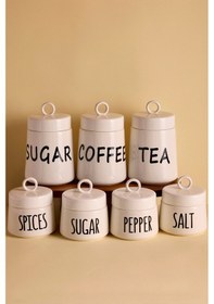 Resim Luca 7'li Ergonomik Porselen Baharatlık Seti Kulplu Kapaklı Beyaz Yuvarlak Formlu Beyaz Beyaz 