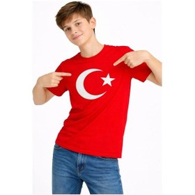 Resim Barlashive Erkek Çocuk Tişört Bisiklet Yaka Ay Yıldız Bayrak Baskılı T-shirt - Kırmızı Çok Renkli 