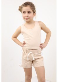 Resim Toontoy Kids Toontoy Kız Çocuk 2'li Takım Baskılı U Yaka Atlet & Beli Lastikli Şort - Garni Detaylı Bej 