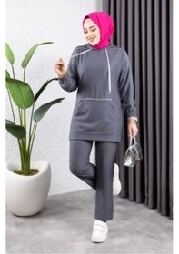 Resim Biyeli Kapşonlu Spor Takım Gri Gri 