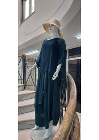 Resim Asimetrik Kapaklı Ipek Şalvar Pantolon - Yarasakolllu İpek Bluz Takım Zümrüt Yeşili 