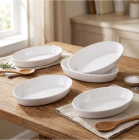Resim 3'lü Porselen Büyük Boy Kayık Tabak Seti - Minimalist Beyaz Sunum Tabağı Çukur Mezelik Kahvaltılık Ve Servis Tabağı 19 X 12 X 3.5 Cm Açık 