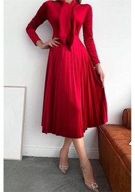 Resim Neşeli Butik Kadın Yakası Bağlama Detaylı Piliseli Kadife Elbise Nbq012 Kırmızı 