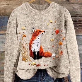Resim Kadınlar için 3D Baskılı Tilki & Sonbahar Yaprakları Tasarımlı Moda Uzun Kollu Kazak - Yumuşak Yuvarlak Yaka Her Mevsim Günlük Şık Üst 