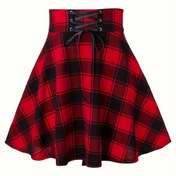 Resim Yönelleştirilmiş Kadın Bel Bağlı Ekose Etek 