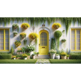 Resim Venspor Sarı Çiçeklerle Dekore Edilmiş Bahçe Kapısı Arkaplan, 200x150cm, Fon, Duvar Örtüsü 