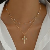 Resim 1 Adet Şık Çok Katmanlı Altın Tonlu Haç Kolye - Sahte ve Parıltılı Kristallerle, Kadınlar İçin Dini Takı, Günlük Kullanım & Tatil Aksesuarları, Zamansız Tasarım, Zarif Moda Aksesuarı, Stil Severler İçin 
