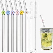 Resim 4/6 yeniden kullanılabilir cam pipet, 2 temizleme fırçası ile 6 yeniden kullanılabilir cam pipet, 1 temizleme fırçası ile 4 yeniden kullanılabilir cam pipet, şirin renkli çiçek desenli kırılmaz cam pipetler, bulaşık makinesine uygun smoothie, milkshake, meyve suyu, çay için mutfak kullanımı, Noel hediyesi 