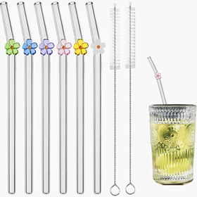 Resim 4/6 yeniden kullanılabilir cam pipet, 2 temizleme fırçası ile 6 yeniden kullanılabilir cam pipet, 1 temizleme fırçası ile 4 yeniden kullanılabilir cam pipet, şirin renkli çiçek desenli kırılmaz cam pipetler, bulaşık makinesine uygun smoothie, milkshake, meyve suyu, çay için mutfak kullanımı, Noel hediyesi 