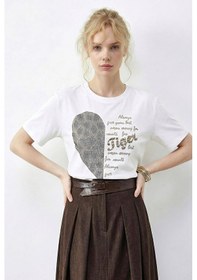 Resim Shade Kadın Leopar Kalp Taş İşlemeli Bisiklet Yaka Regular Fit T-shirt 2210 60283976 - Beyaz 