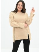 Resim Kadın Büyük Beden Oversize Yırtmaç Detaylı Sweatshirt 1865-25 Bej 