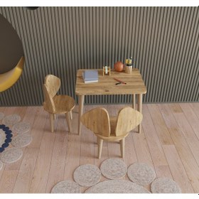 Resim Fahrettin Küçük Montessori Çocuk Masası Oyun Masası Fil Kulaklı Aktivite Masası Çalışma Masası 2 Adet Sandalyeli Açık Çam 