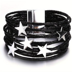 Resim 1 PC Bohemian Metal Yıldızlar Şanslı Pu Deri Bilezikler Erkekler ve Kadınlar İçin, Moda Beşgen Çok Katmanlı Geniş Sarma Bilezikler Takı 